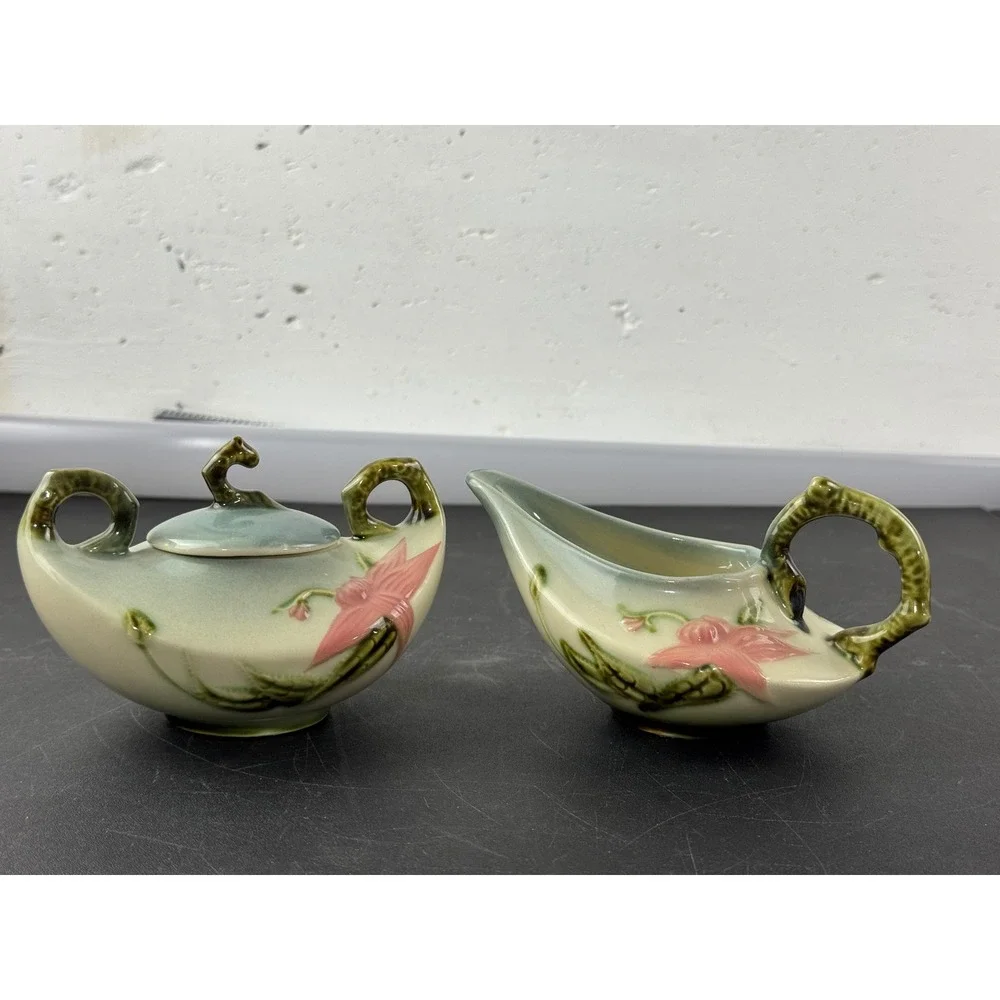 Hull Pottery Wildflower Sugar Bowl and Creamer Set W27 W28 Pink Green Vintage - Picture 3 of 14